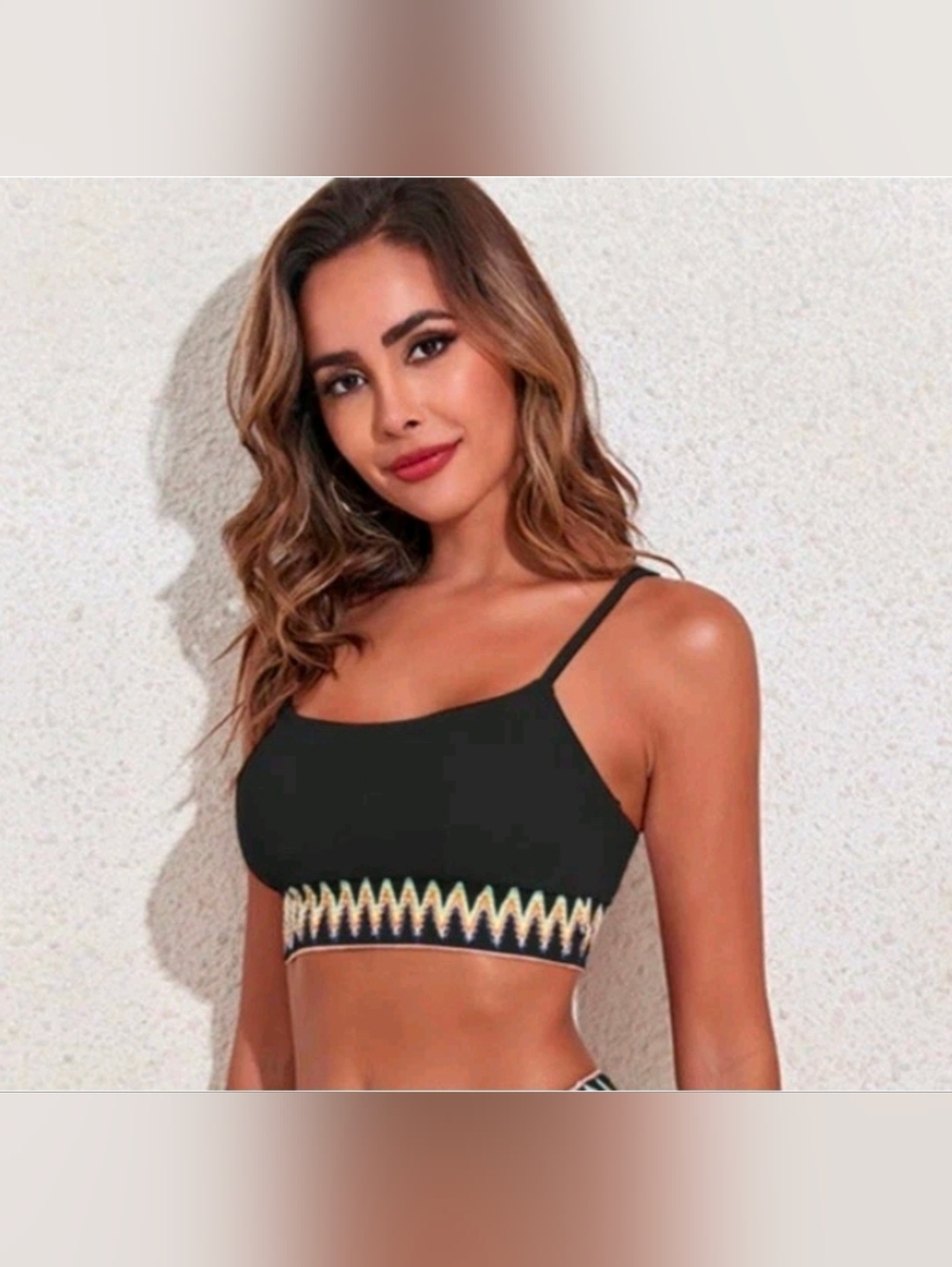 Black Cropped Ribbed Bikini Top with Zigzag Stretch Trim Size Medium